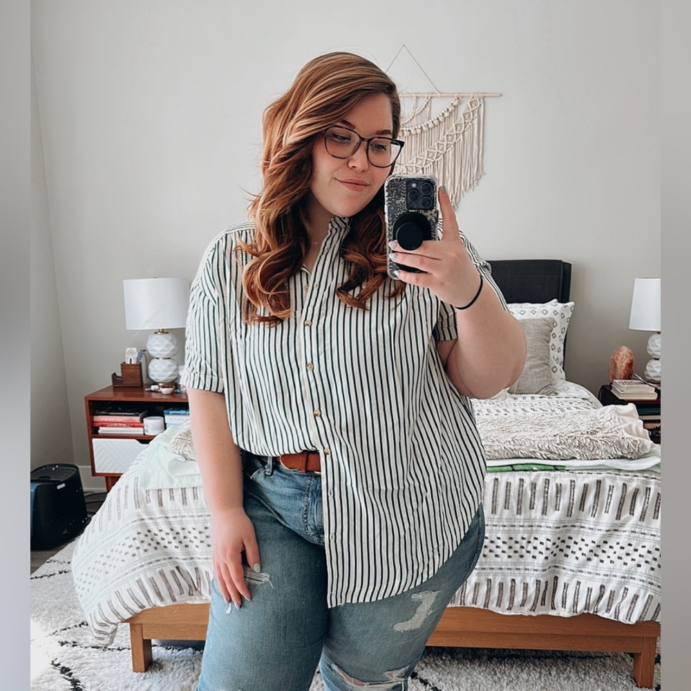 Green & Cream Striped Button Down